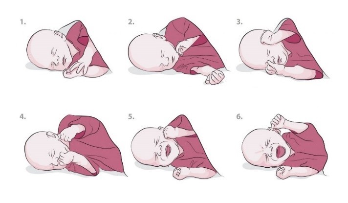 Illustratie van zes houdingen van een slapende baby