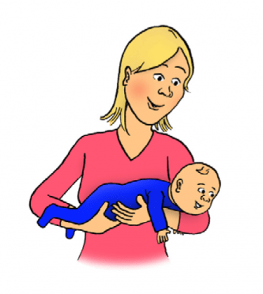 Tekening van vrouw die baby op de buik in haar armen draagt