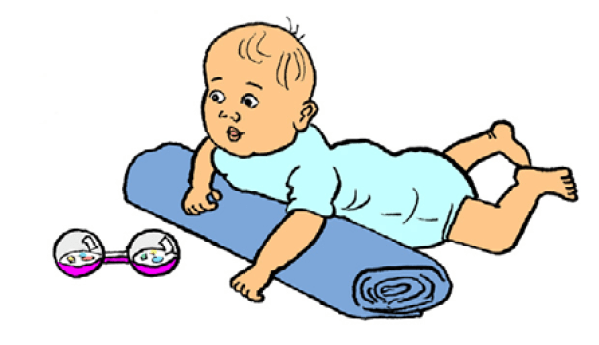 Tekening van spelende baby die met bovenlijf leunt op opgerolde handdoek