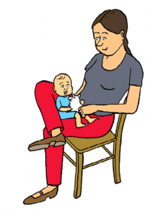 Tekening van vrouw met baby op schoot in kuil van haar benen